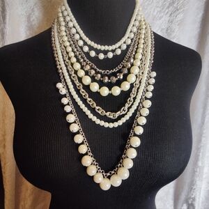 Ann Taylor Layered faux Pearl Chain Silver Tone Multi Strand Necklace